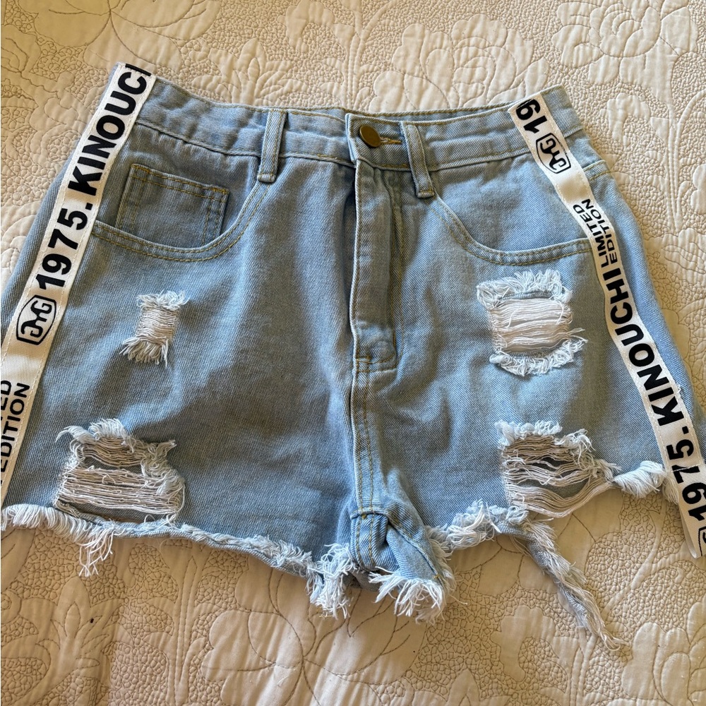 SHEIN Blue Distressed Jean Shorts with Frayed Hem